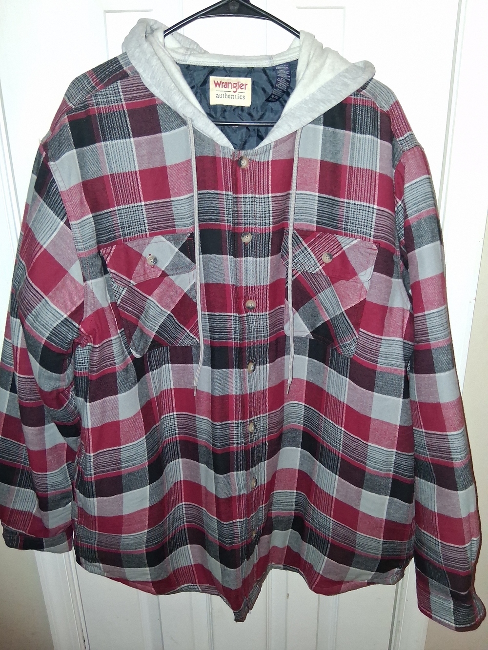 Wrangler Red Gray Black Plaid Hooded Flannel Shirt Jacket